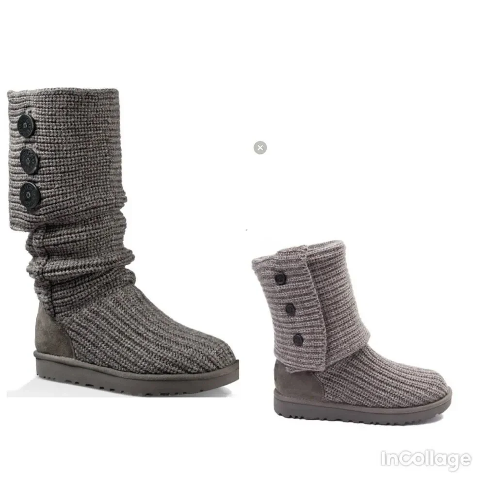 UGG Youth Junior Girls CARDY Black 5649 Short Tall Gray Knit Wool Fur Sz 5